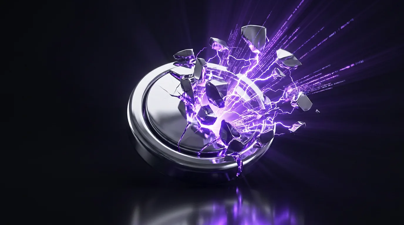 A chrome user-interface element shattering with purple energy and streaming code spilling out