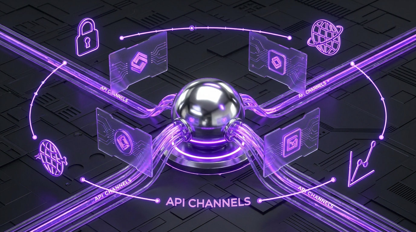 A polished chrome content core wired through glowing electric-violet API channels into multiple site and brand front ends, ringed by lock, globe, and audit-trail glyphs