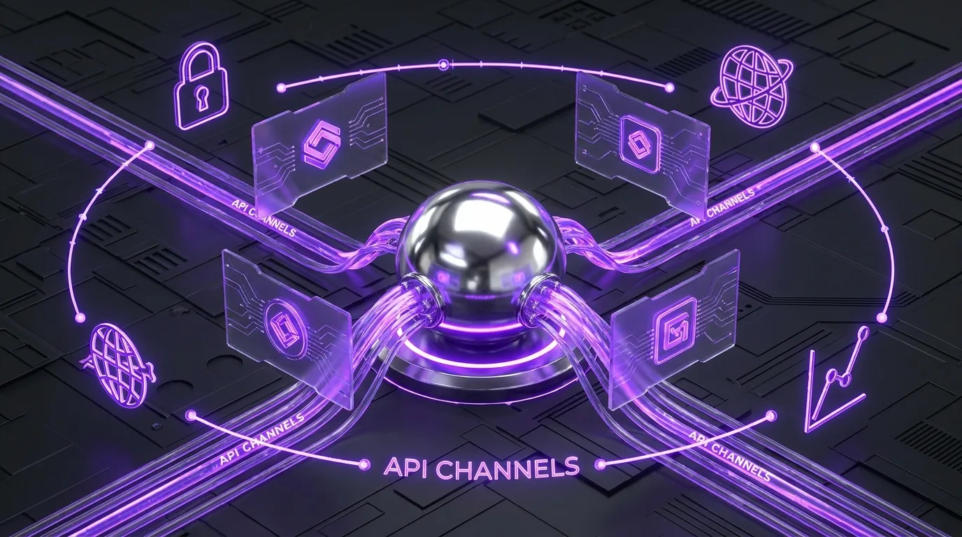 A polished chrome content core wired through glowing electric-violet API channels into multiple site and brand front ends, ringed by lock, globe, and audit-trail glyphs