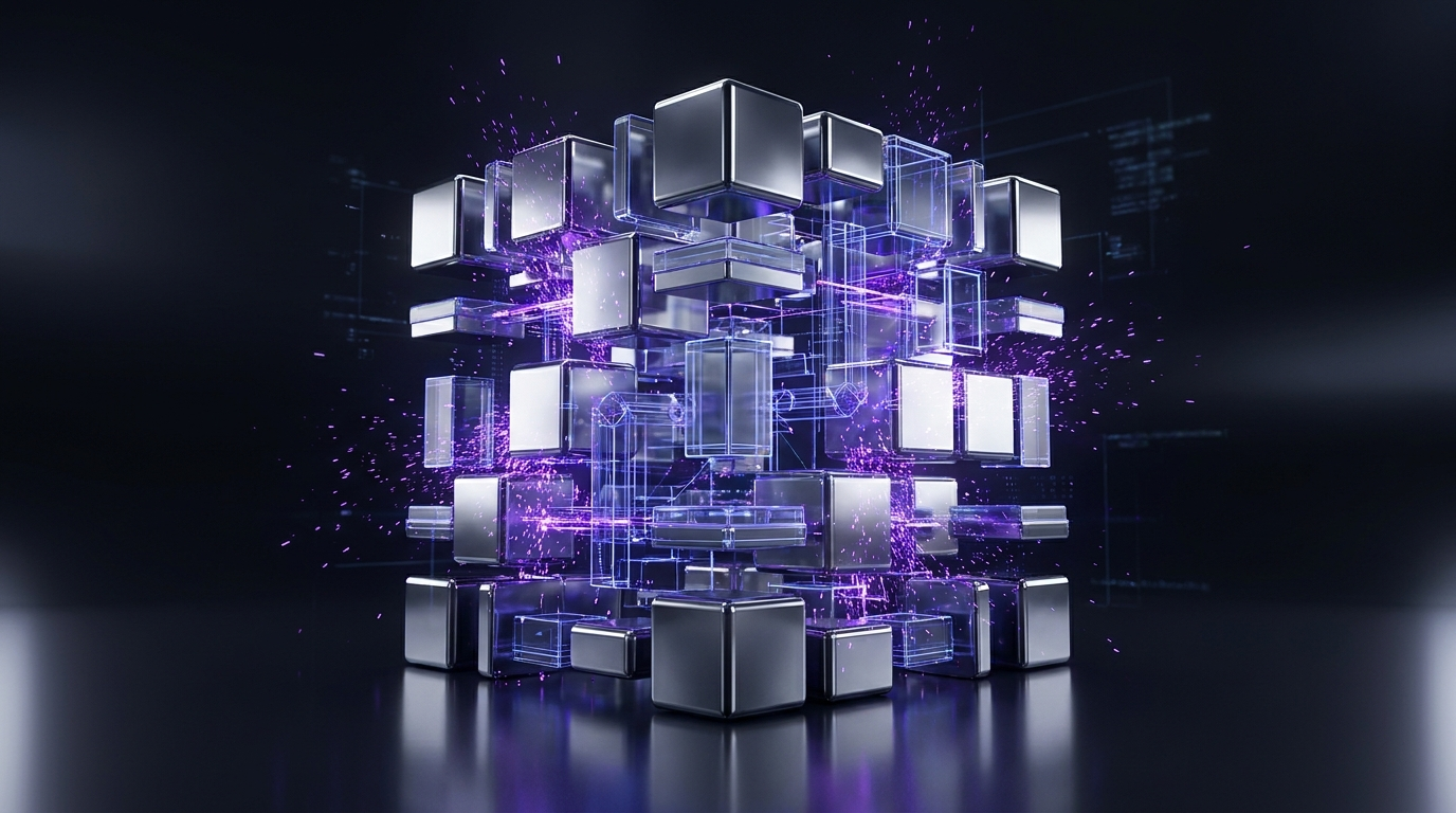 Chrome component blocks assembling from purple wireframe blueprints into a solid component library