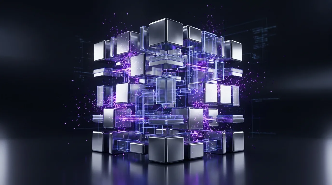 Chrome component blocks assembling from purple wireframe blueprints into a solid component library