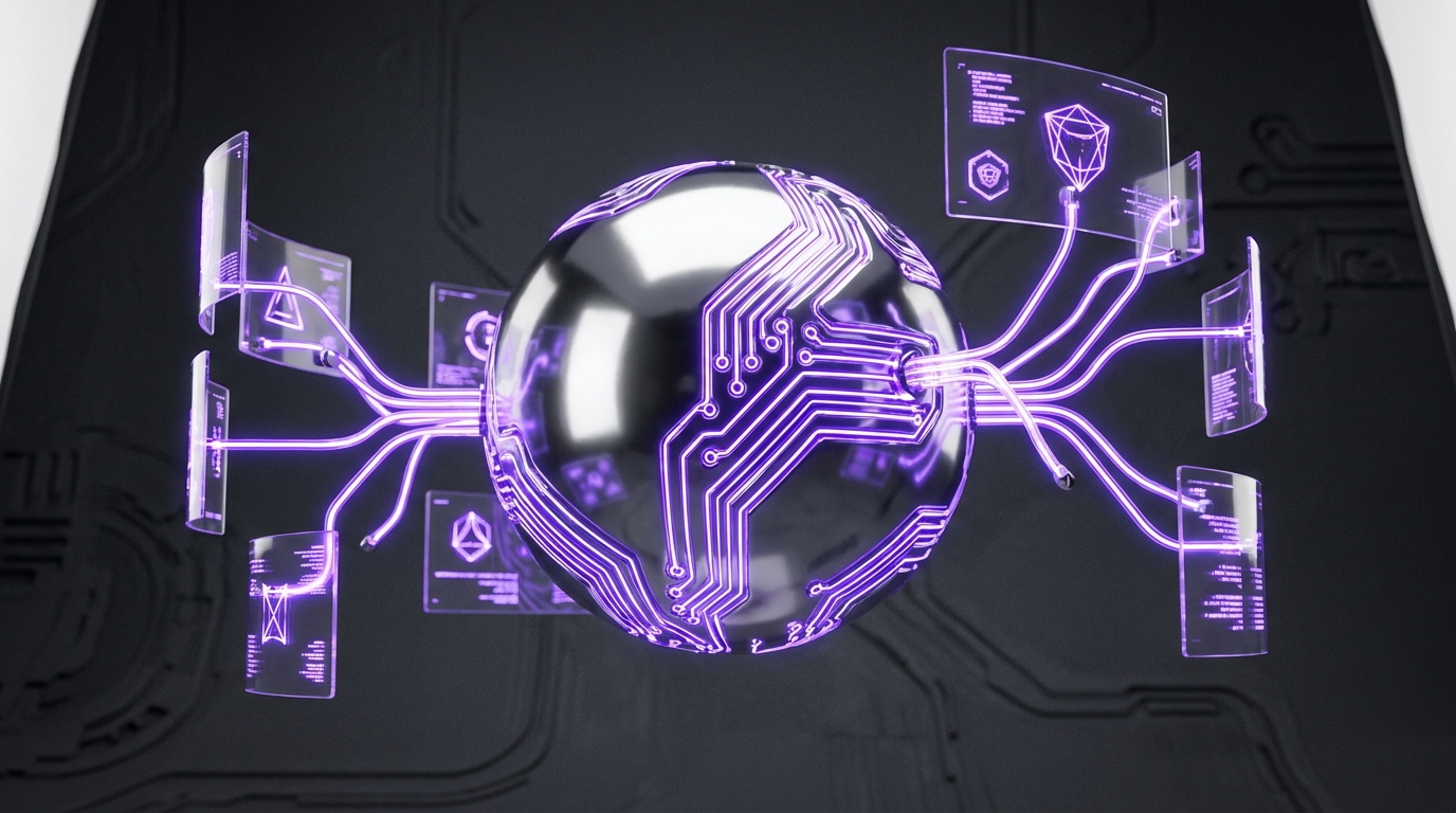 A polished chrome globe wrapped in glowing purple circuitry branching into multiple language routes