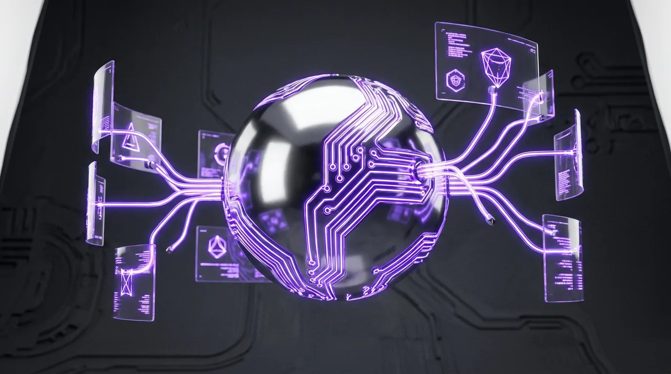 A polished chrome globe wrapped in glowing purple circuitry branching into multiple language routes