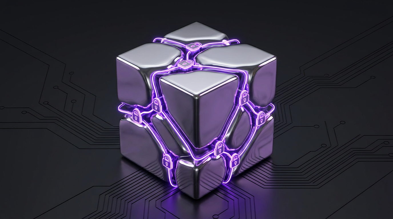 A polished chrome content block splitting apart with glowing electric-violet API connections and a lock symbol at each exposed seam