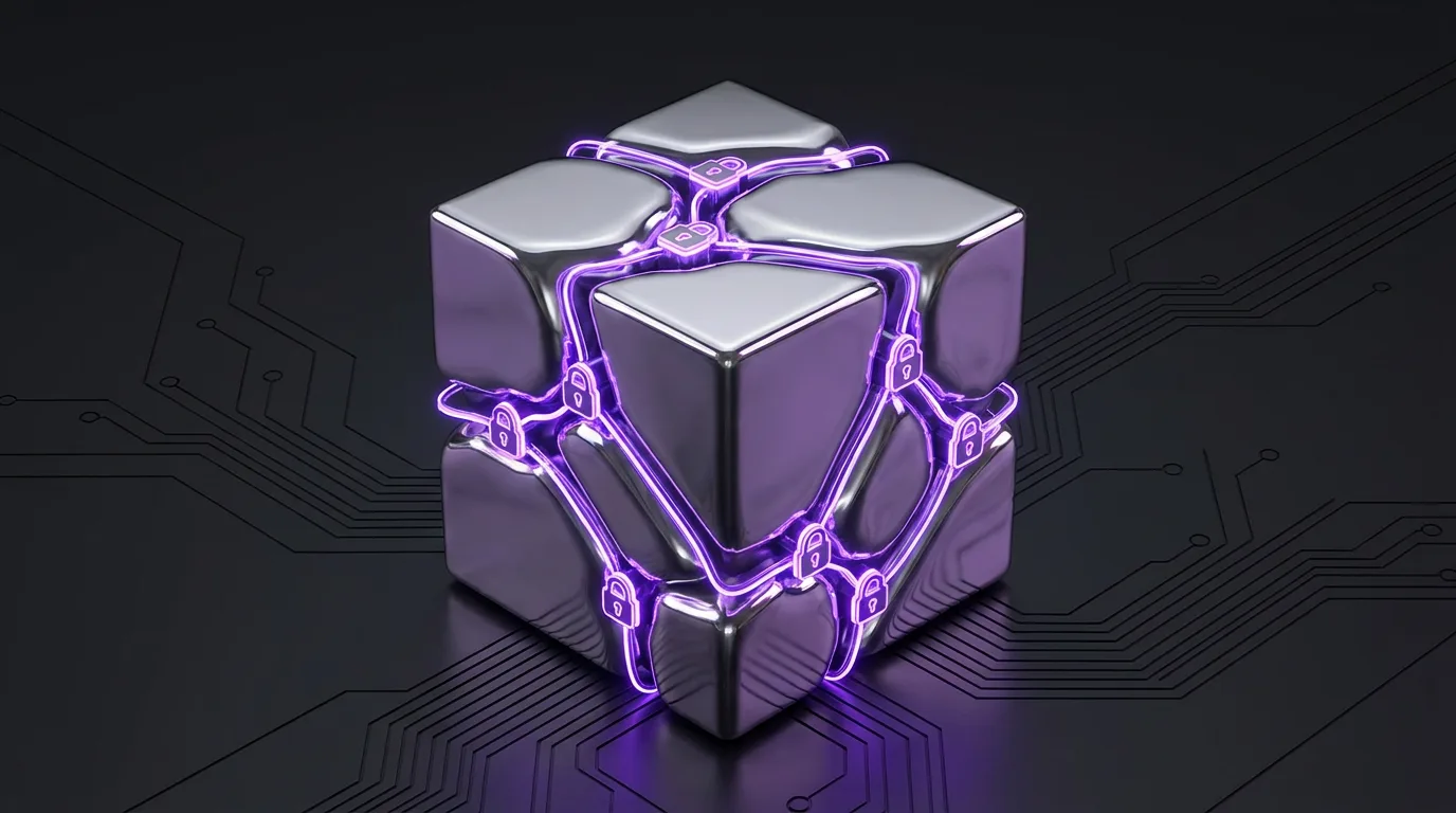 A polished chrome content block splitting apart with glowing electric-violet API connections and a lock symbol at each exposed seam