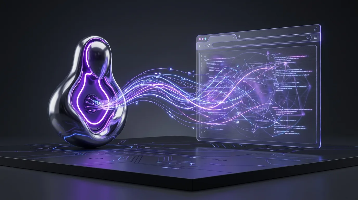 Chrome and electric-violet diagram of a headless CMS feeding content through an API into a server-rendered front end, with SEO tags and structured data in the HTML response.