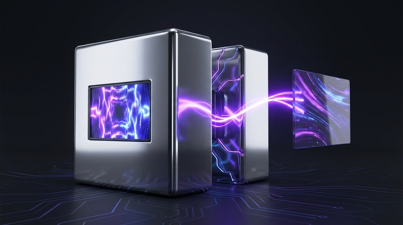 A polished chrome CMS block splitting into two halves, one rendering its own page and one streaming content through a glowing electric-violet API channel to a separate front end