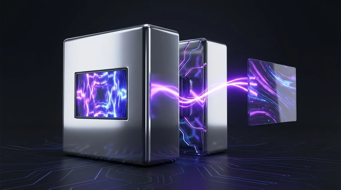 A polished chrome CMS block splitting into two halves, one rendering its own page and one streaming content through a glowing electric-violet API channel to a separate front end