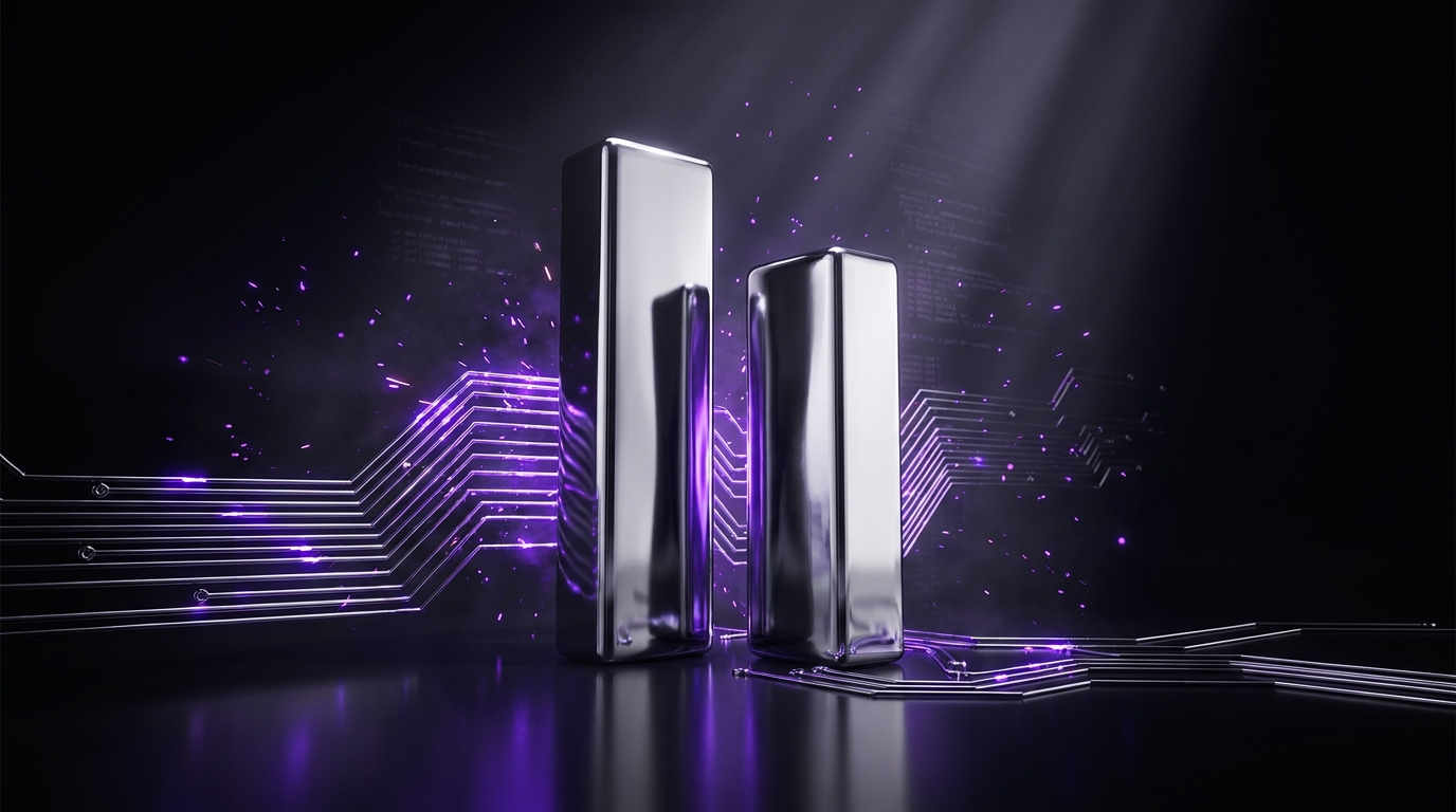 Two polished chrome monoliths representing an enterprise CMS platform and its delivery partner, wired with glowing purple circuitry