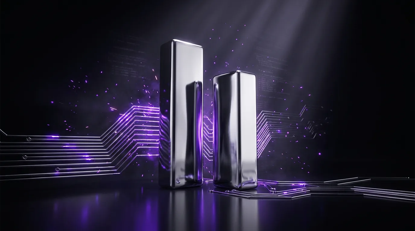Two polished chrome monoliths representing an enterprise CMS platform and its delivery partner, wired with glowing purple circuitry