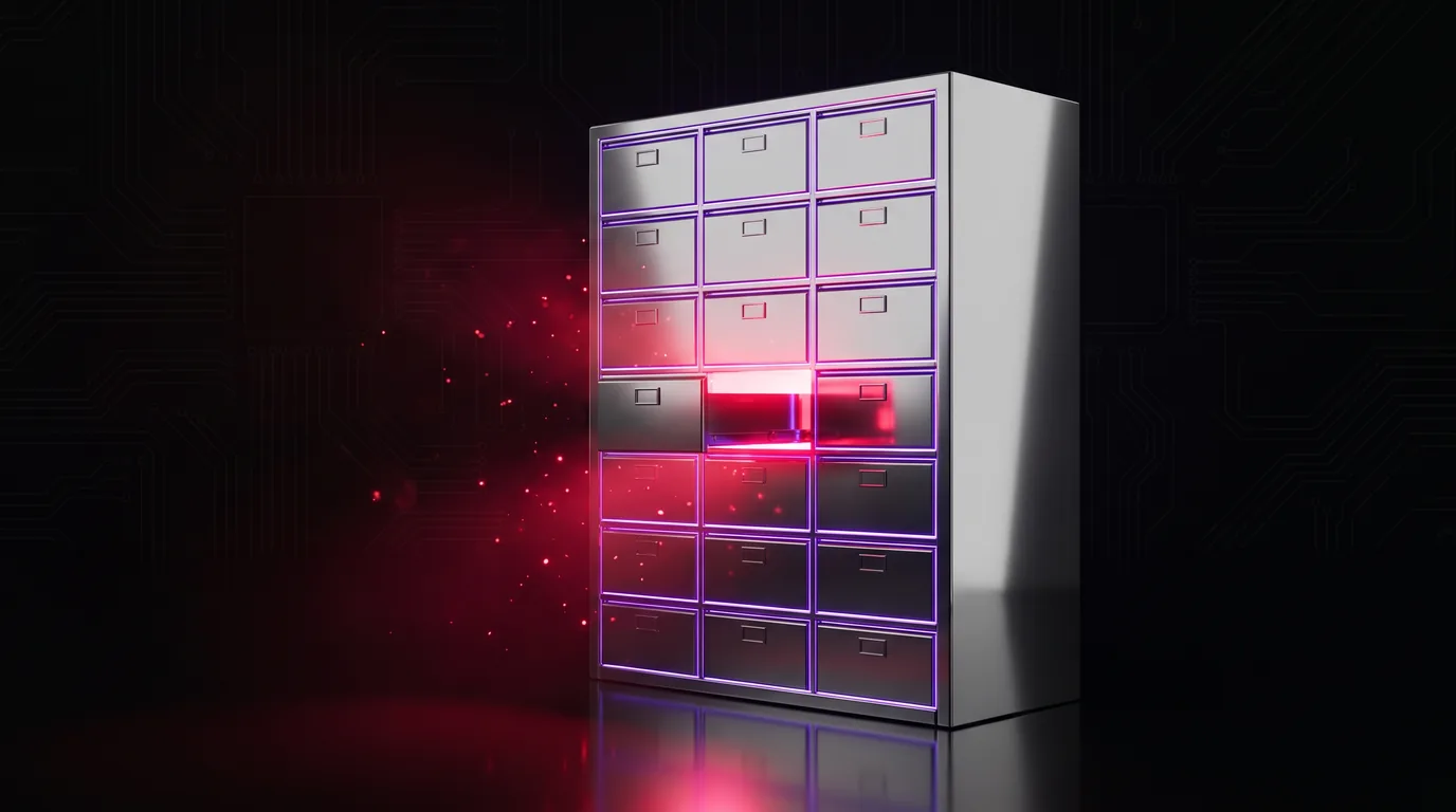 A polished chrome archival vault with a single drawer pulled open, garnet light flooding out across violet-lit drawer seams