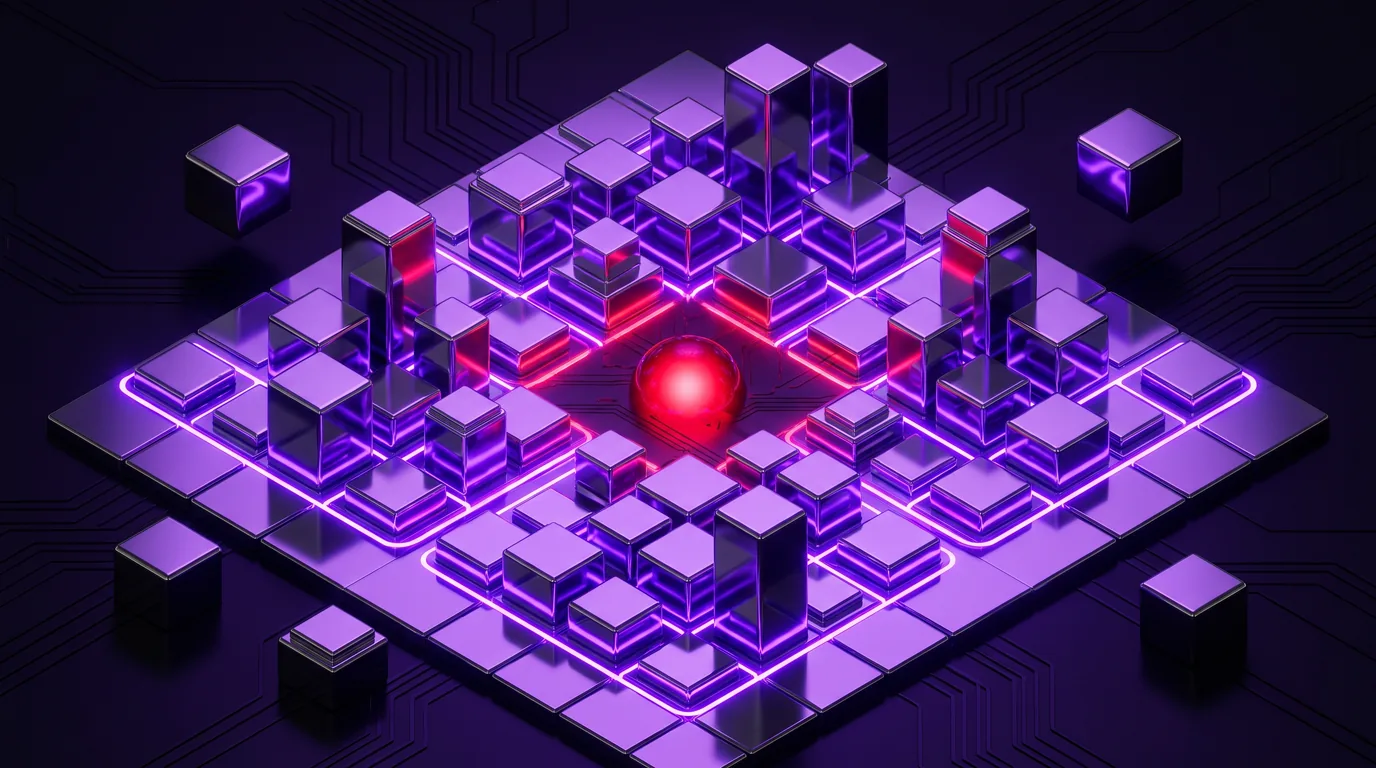 An isometric plan of separate modular chrome plinths wired together with electric violet lines around a single glowing garnet core