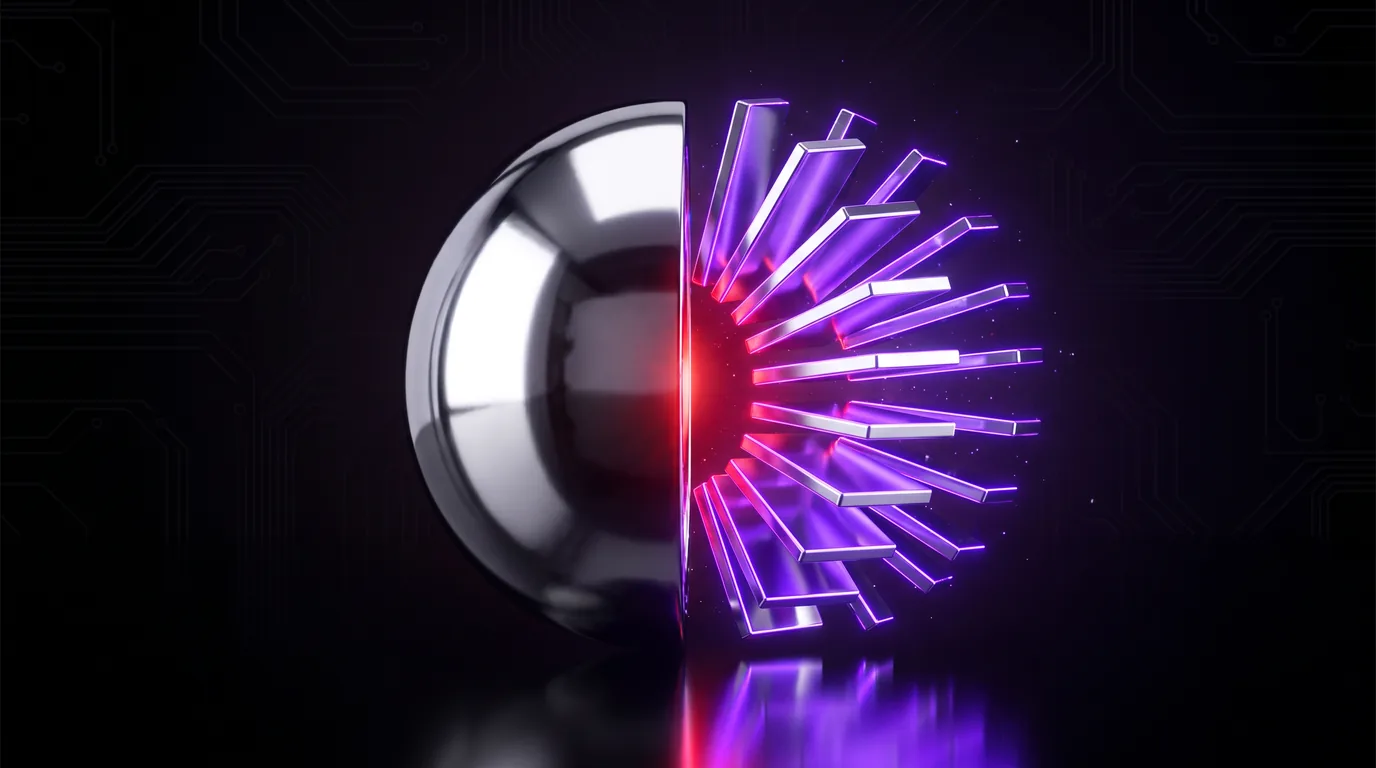A polished chrome sphere split open, one half a solid monolithic shell and the other fanning into separated modular chrome panels, lit by a garnet core cooling into electric violet