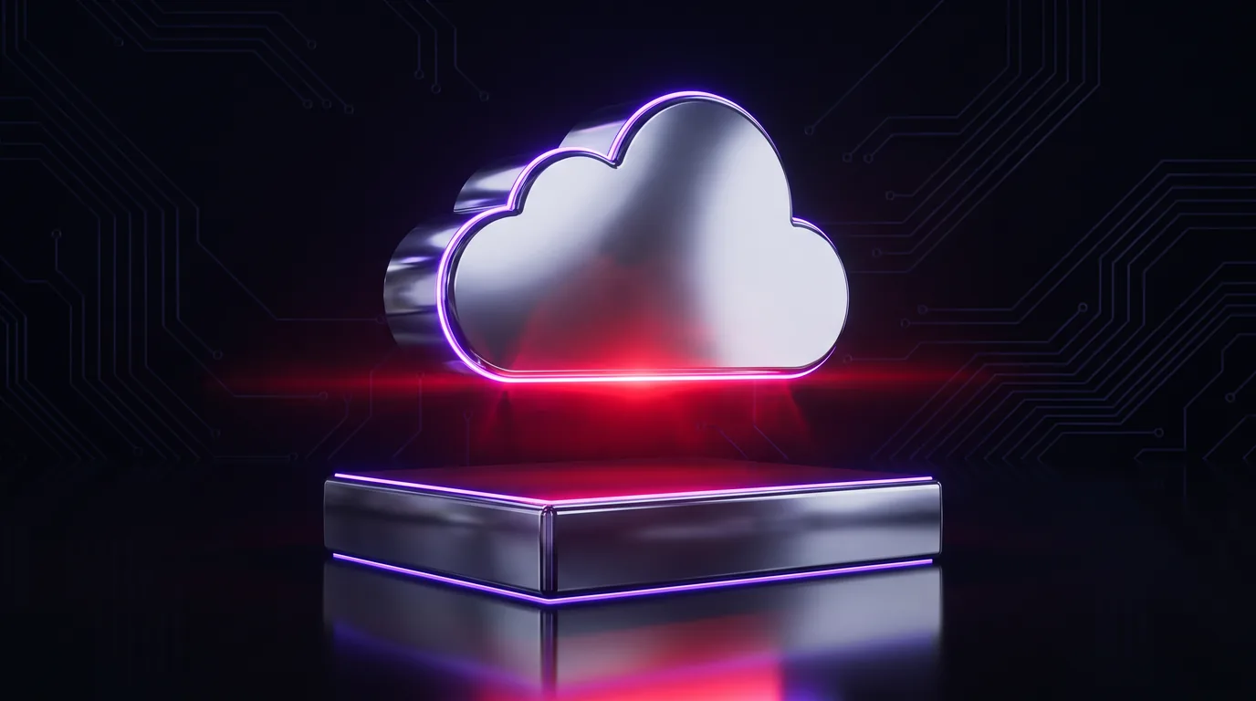 A polished chrome cloud floating above a chrome server plinth, the gap between them burning garnet beneath electric violet rim light