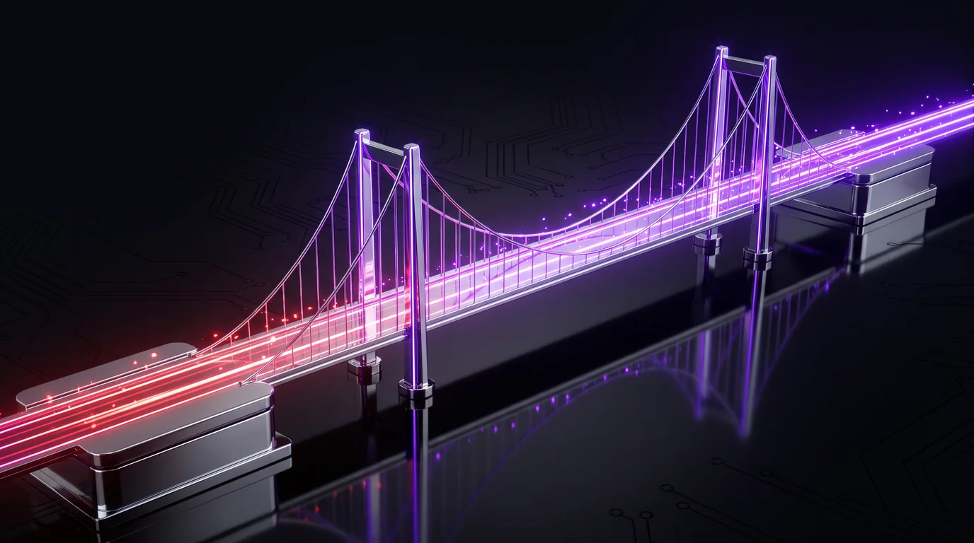 A polished chrome suspension bridge carrying garnet light streams that cool to electric violet as they cross to the far platform