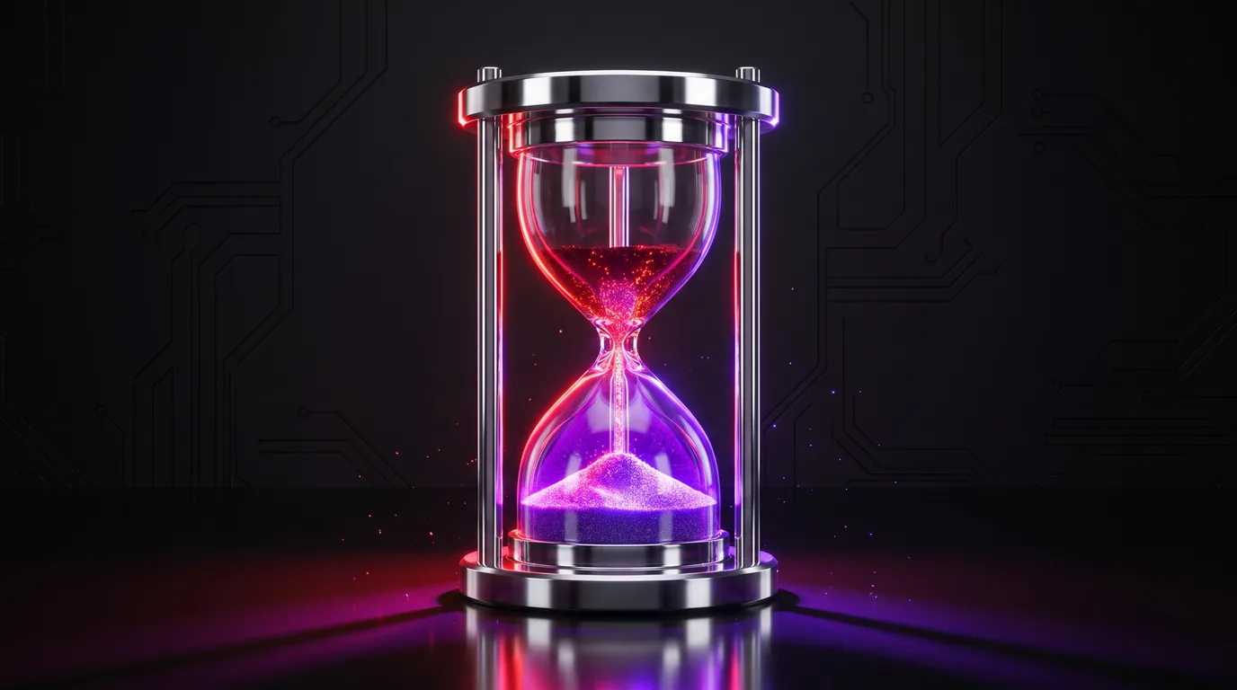 A polished chrome hourglass with garnet granules falling through the neck and collecting as electric violet in the lower chamber