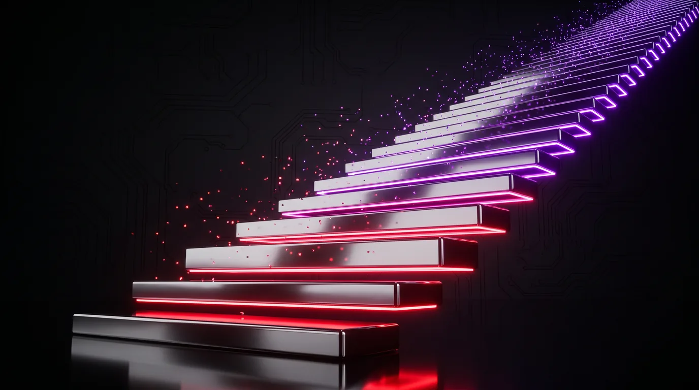 An ascending staircase of polished chrome steps lit garnet at the base and rising into electric violet at the top