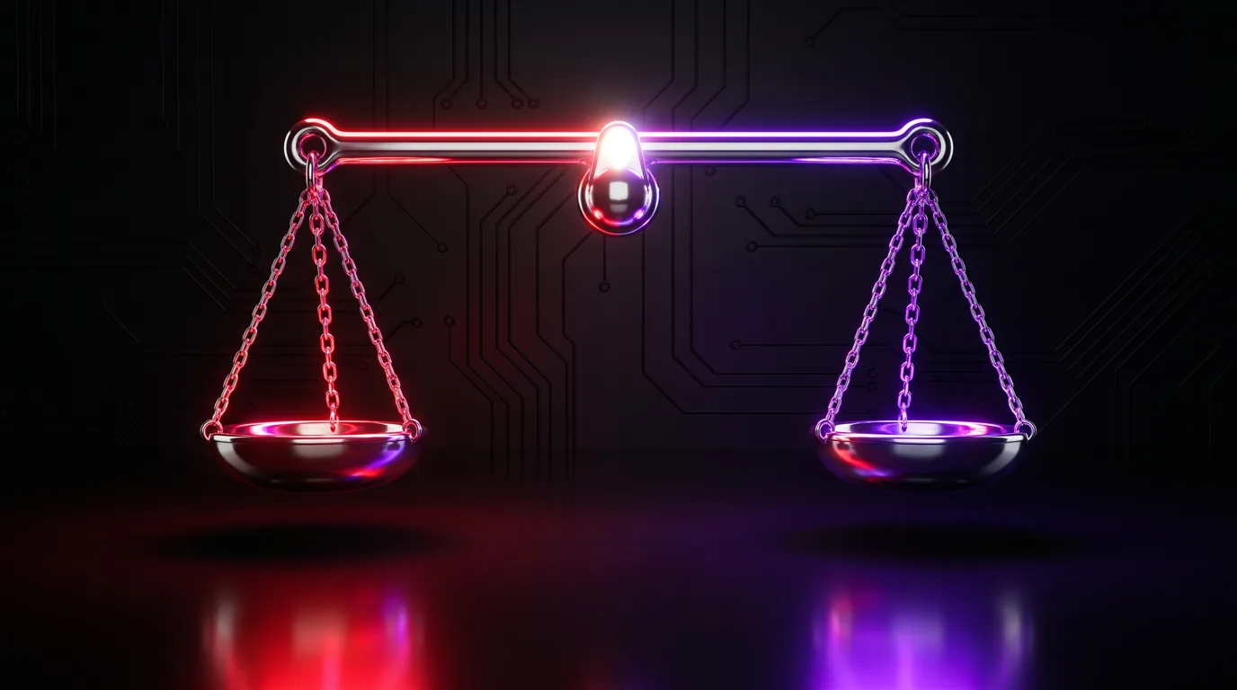 A polished chrome balance scale resting in equilibrium, one pan glowing garnet and the other electric violet