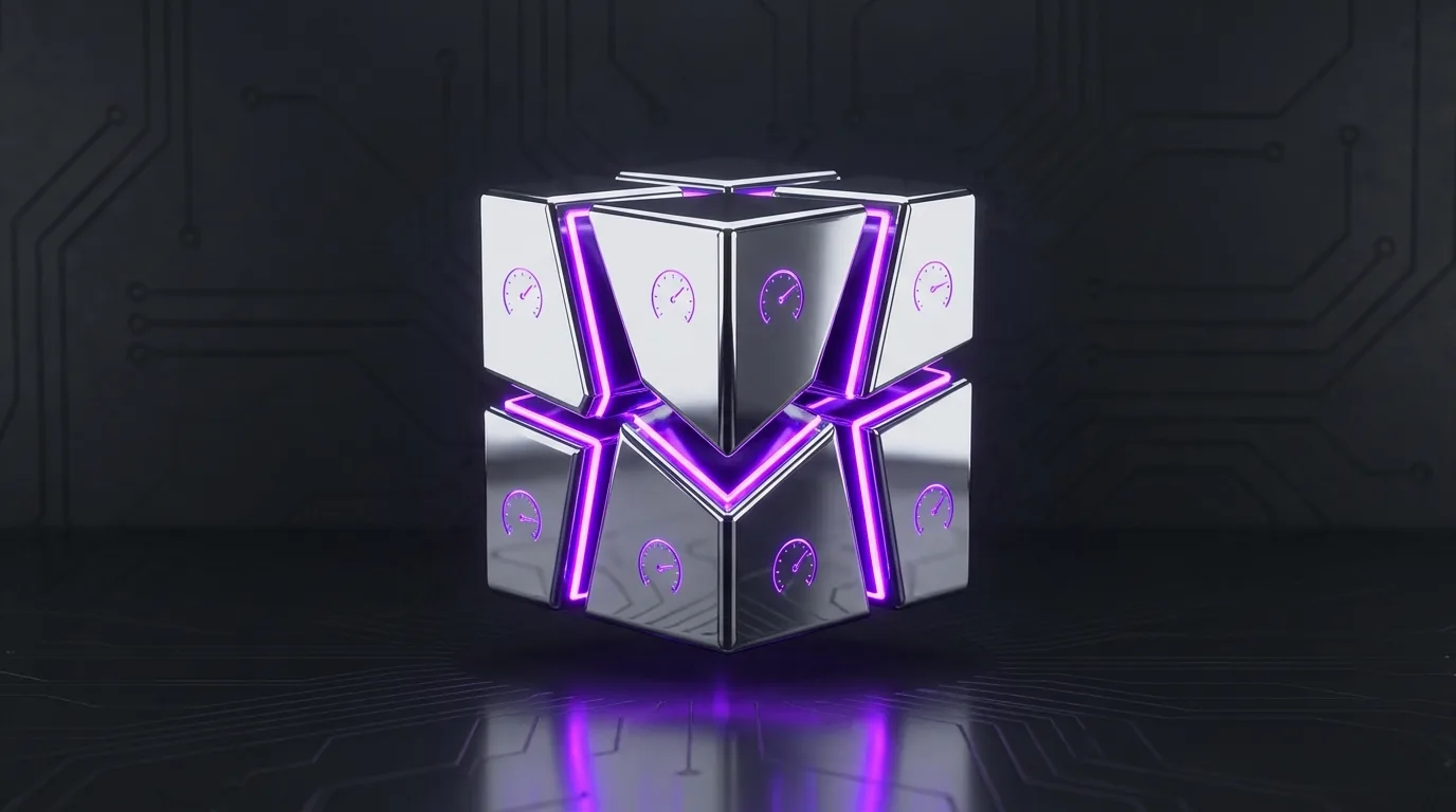 A polished chrome block split apart by glowing electric-violet seams into separate segments, each face marked with a small violet gauge dial