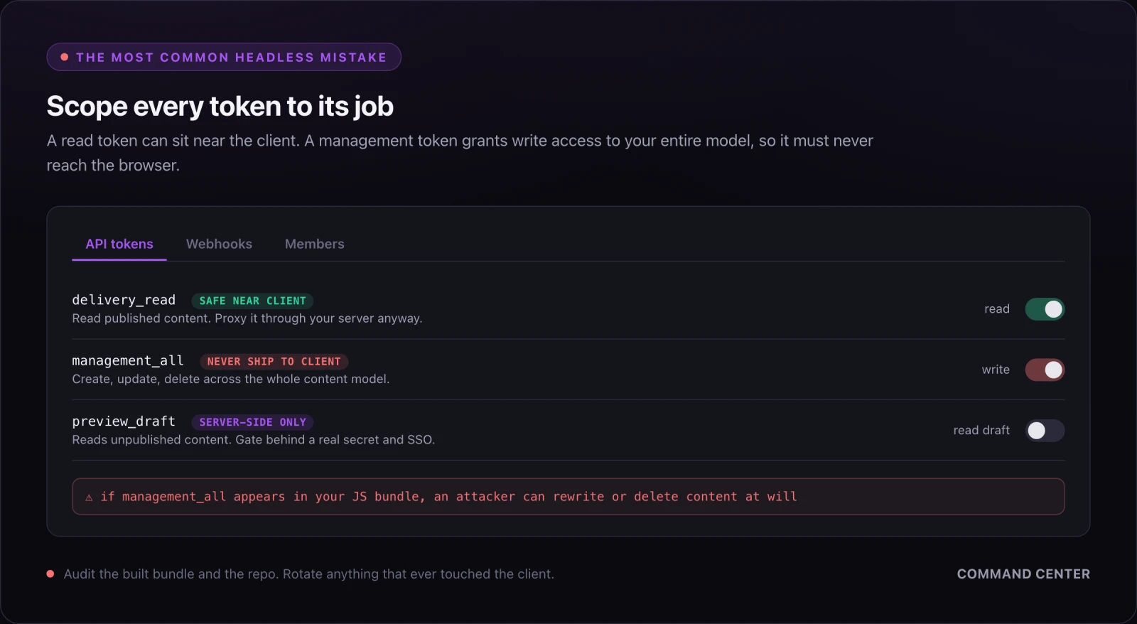 An API tokens settings panel: a read token that is safe near the client, a management token that must never reach the client, and a server-side-only preview token