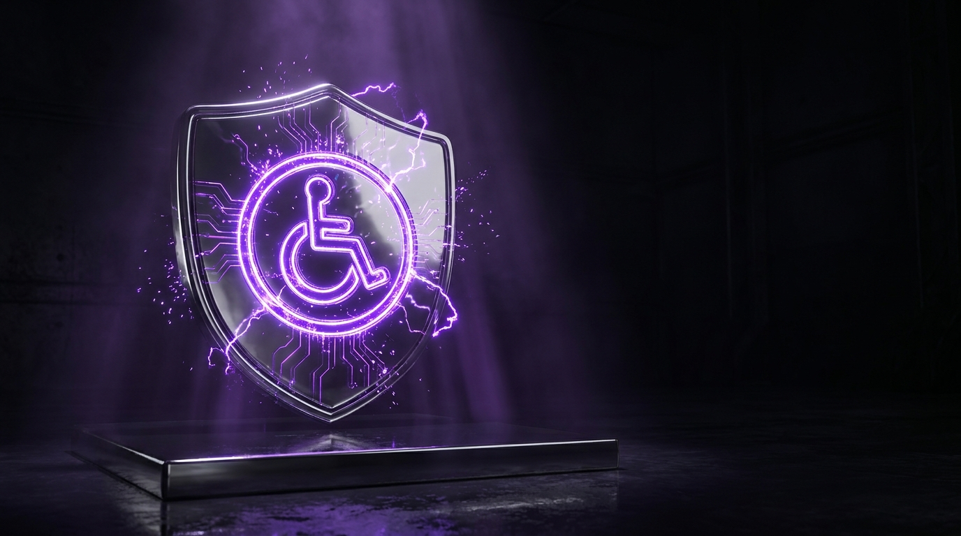 A polished chrome shield bearing a glowing purple accessibility symbol